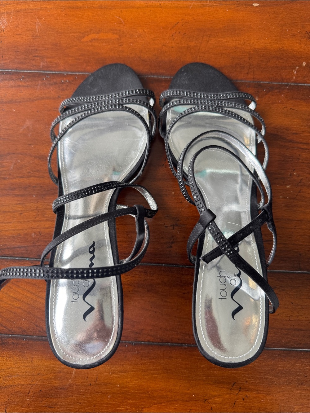 Touch of Nina Black Strappy Rhinestone Flat Sandals